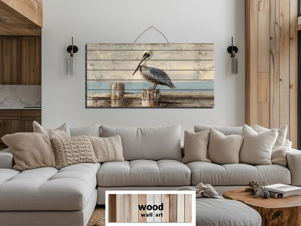 Pelican on Standing On Wooden Dock Distressed Wood Coastal Wall Art