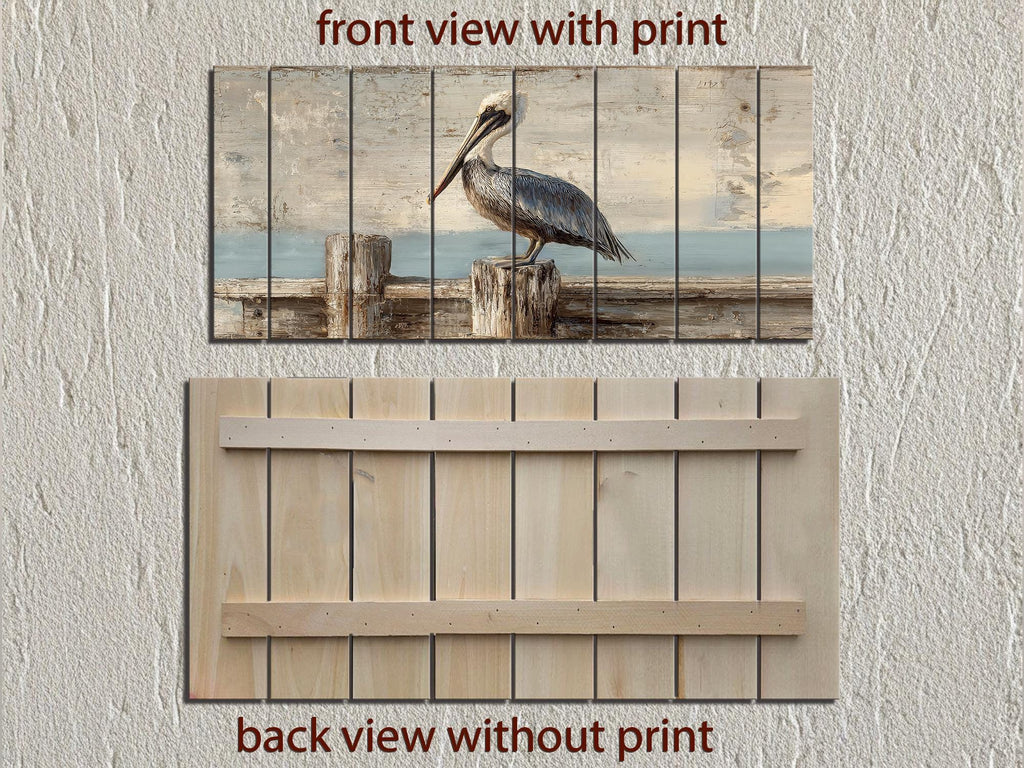 Pelican on Standing On Wooden Dock Distressed Wood Coastal Wall Art