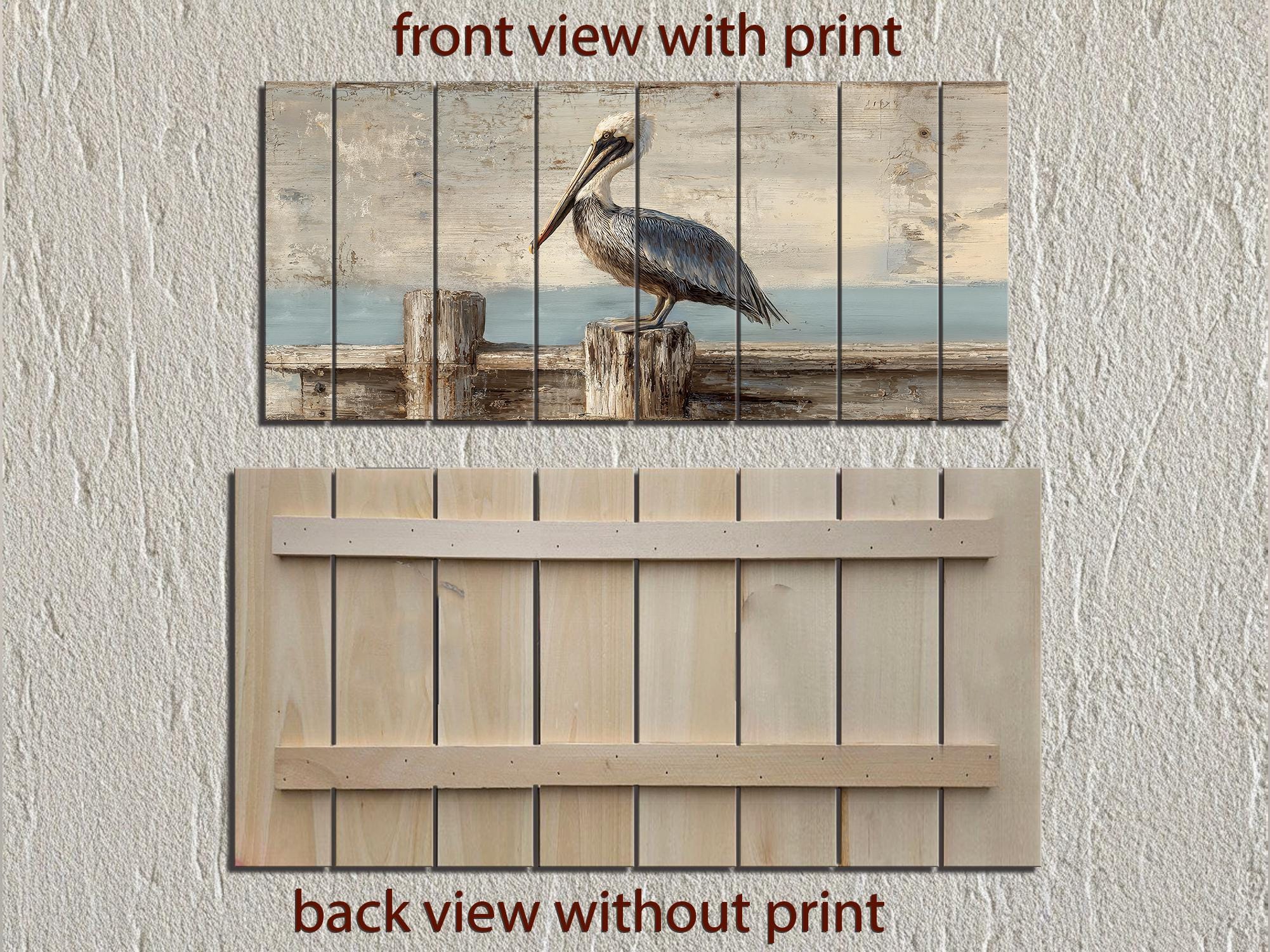 Pelican on Standing On Wooden Dock Distressed Wood Coastal Wall Art
