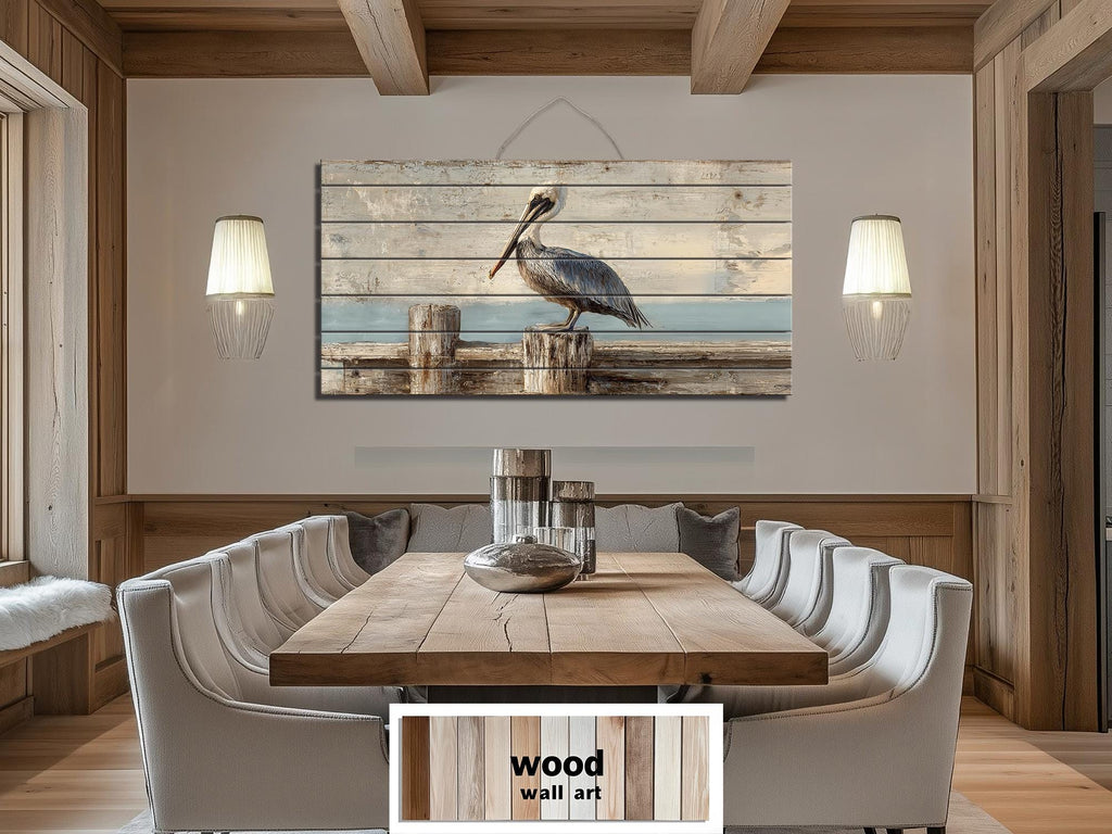 Pelican on Standing On Wooden Dock Distressed Wood Coastal Wall Art