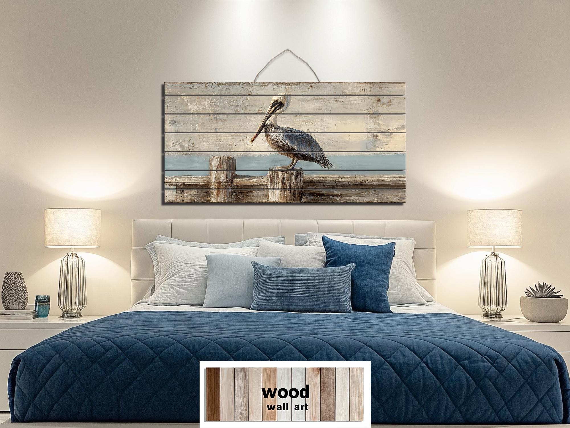 Pelican on Standing On Wooden Dock Distressed Wood Coastal Wall Art