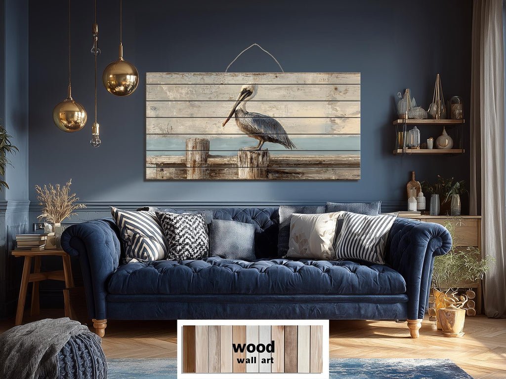 Pelican on Standing On Wooden Dock Distressed Wood Coastal Wall Art