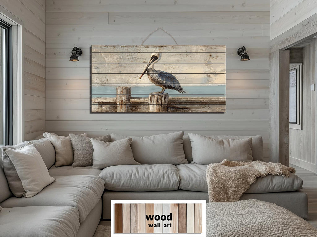 Pelican on Standing On Wooden Dock Distressed Wood Coastal Wall Art
