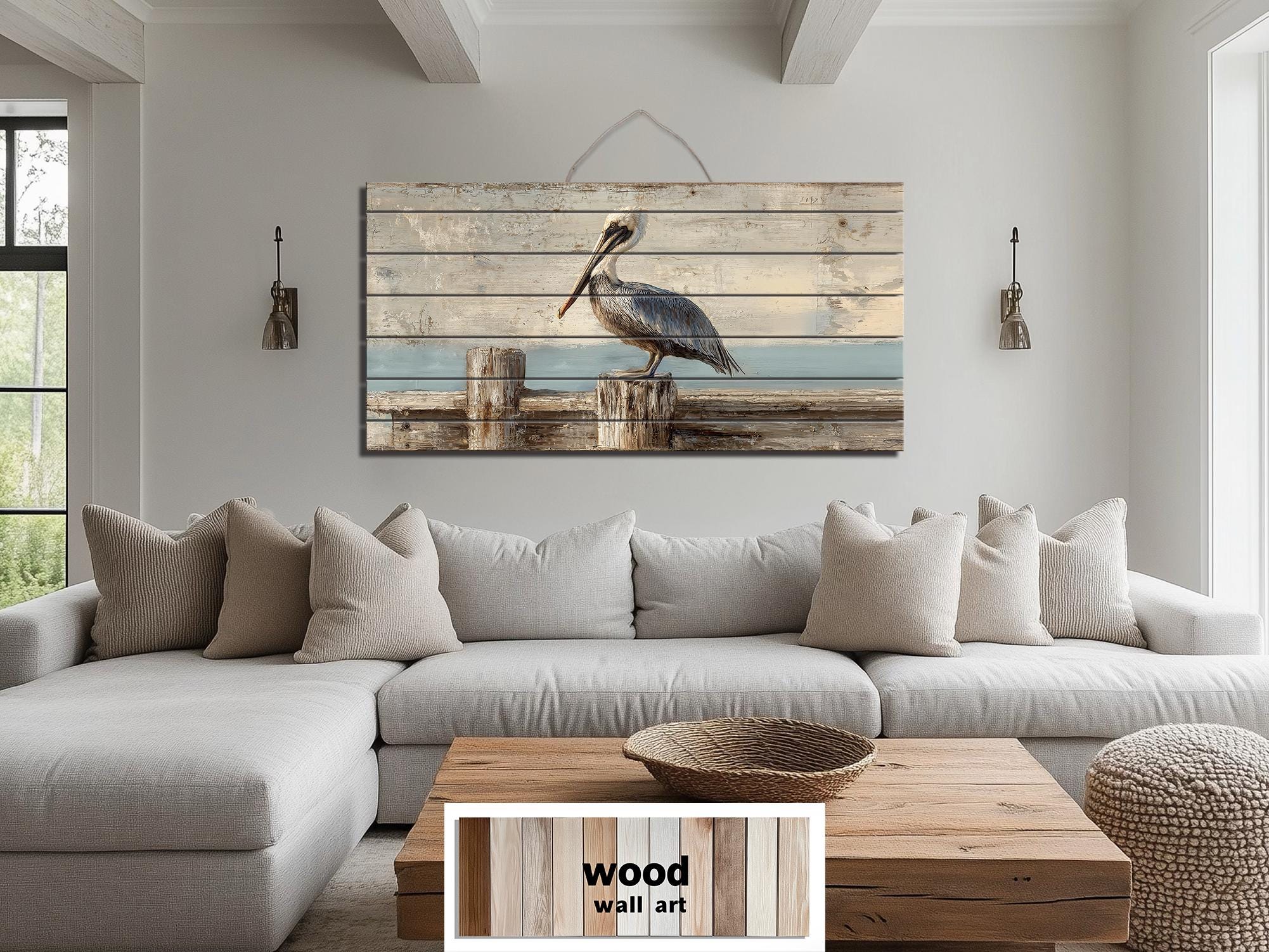 Pelican on Standing On Wooden Dock Distressed Wood Coastal Wall Art