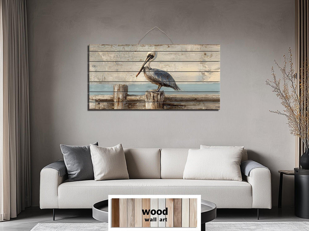 Pelican on Standing On Wooden Dock Distressed Wood Coastal Wall Art