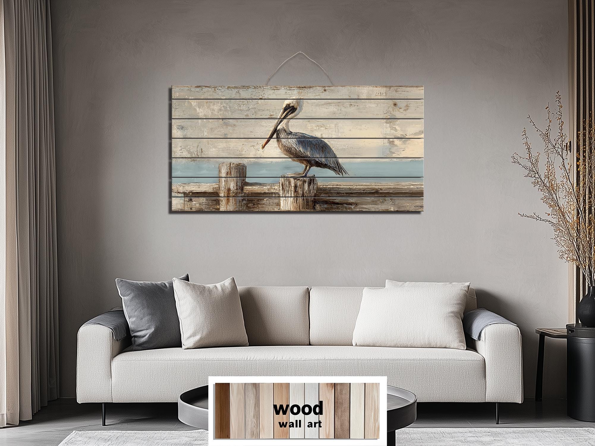 Pelican on Standing On Wooden Dock Distressed Wood Coastal Wall Art