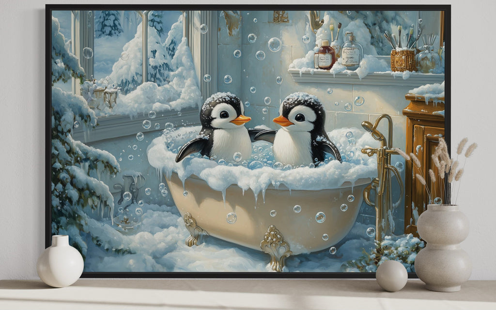 Penguins in a Bathtub Framed Canvas Wall Art