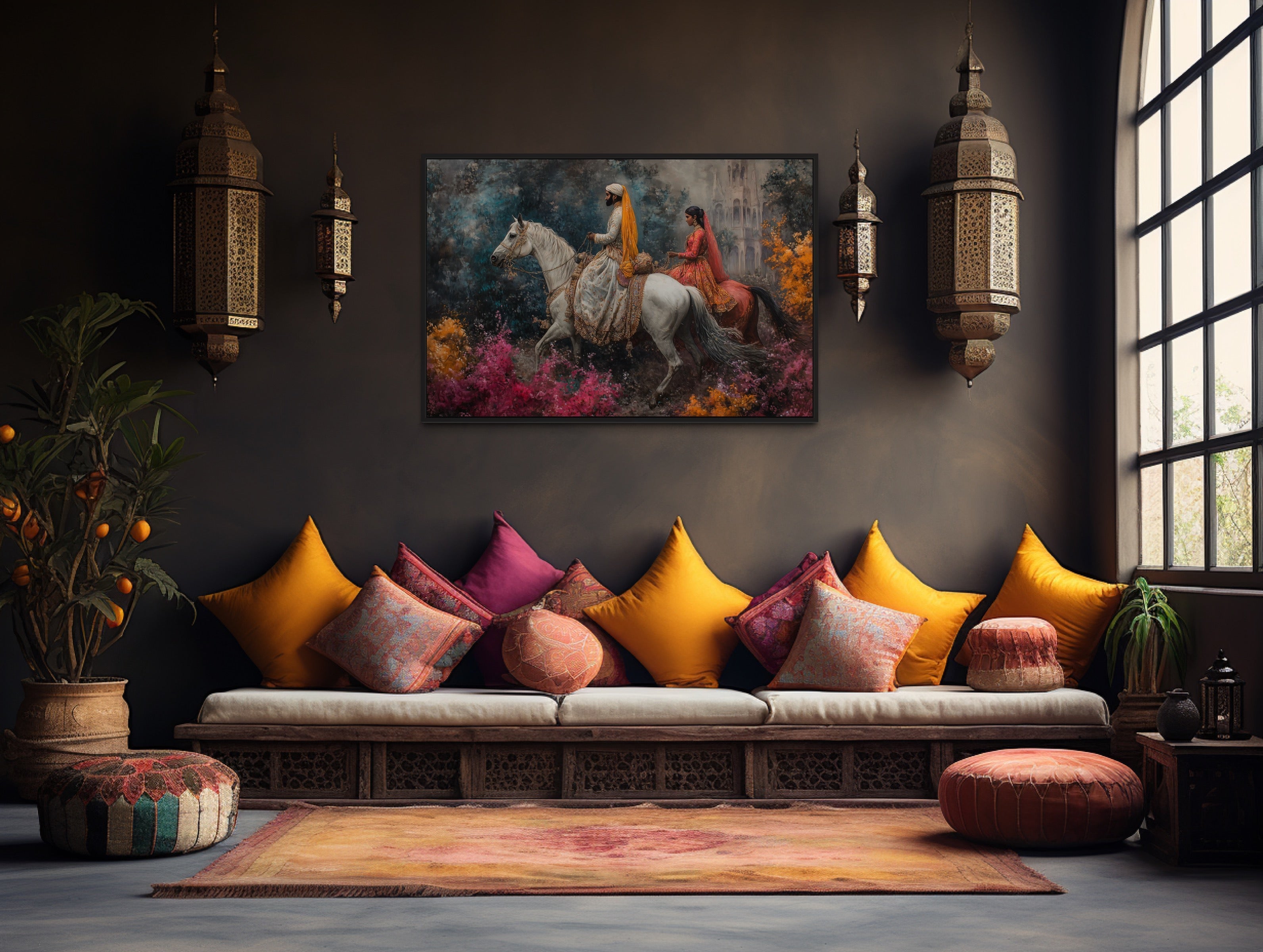 Persian Couple Horseback Ridings -  Middle Eastern Framed Canvas Wall Art