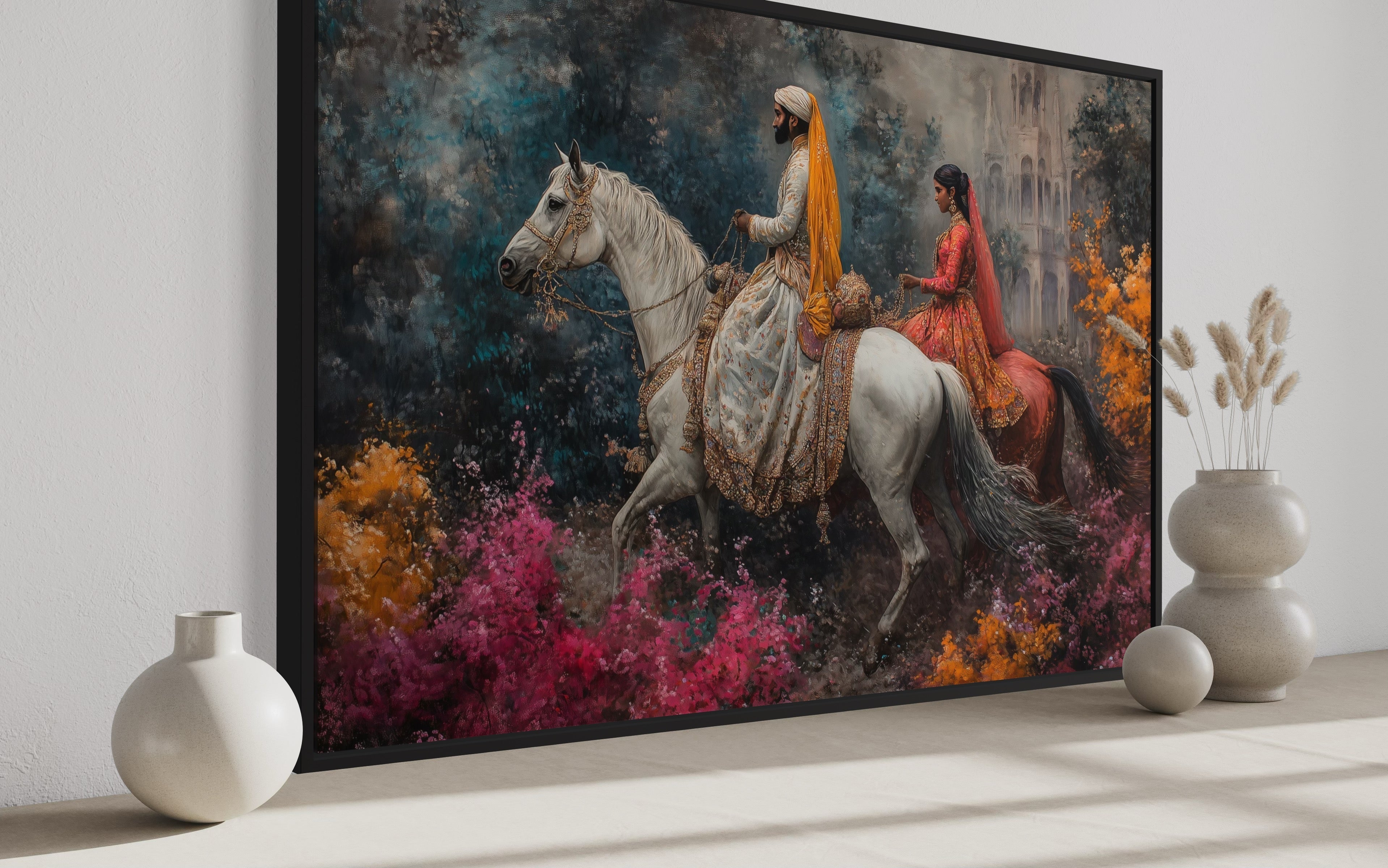 Persian Couple Horseback Ridings -  Middle Eastern Framed Canvas Wall Art