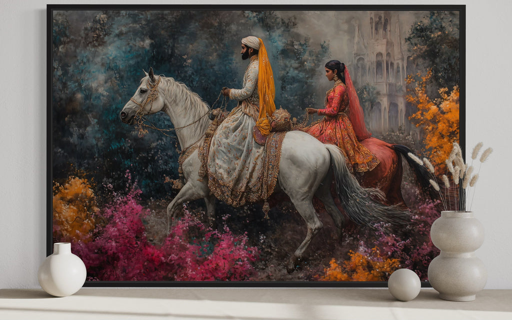 Persian Couple Horseback Ridings -  Middle Eastern Framed Canvas Wall Art