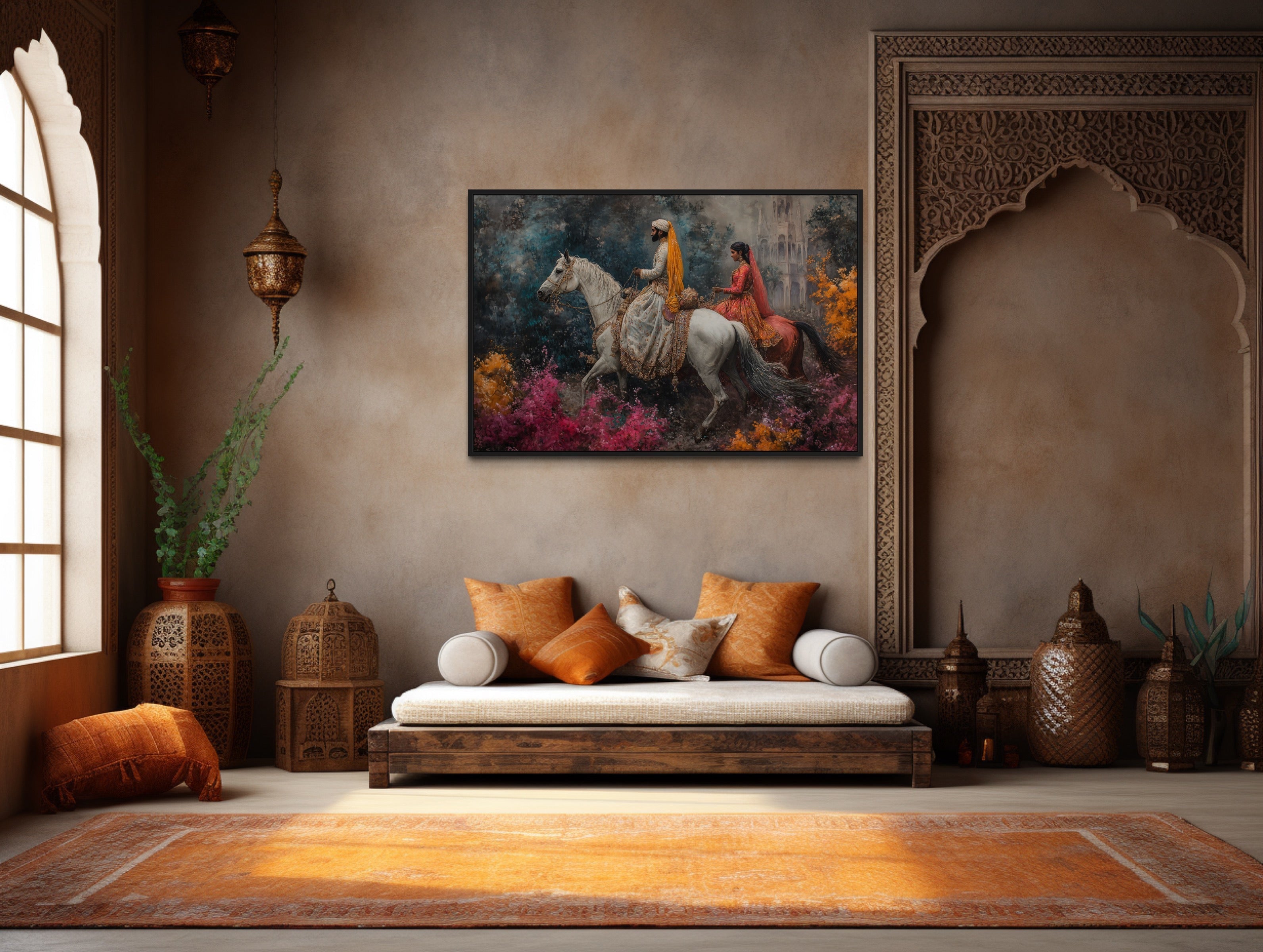 Persian Couple Horseback Ridings -  Middle Eastern Framed Canvas Wall Art
