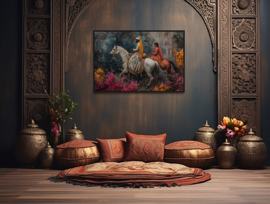 Persian Couple Horseback Ridings -  Middle Eastern Framed Canvas Wall Art