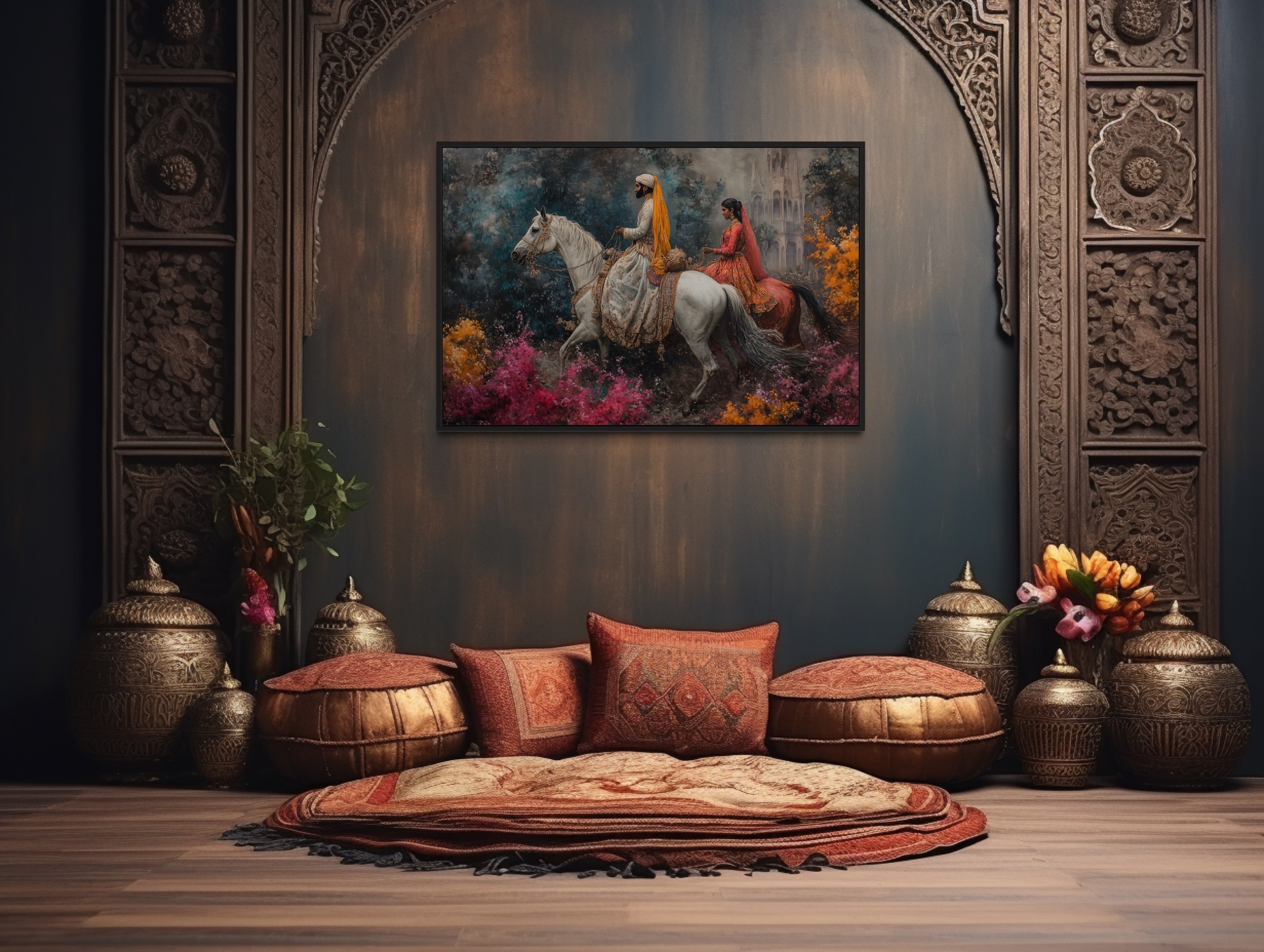 Persian Couple Horseback Ridings -  Middle Eastern Framed Canvas Wall Art