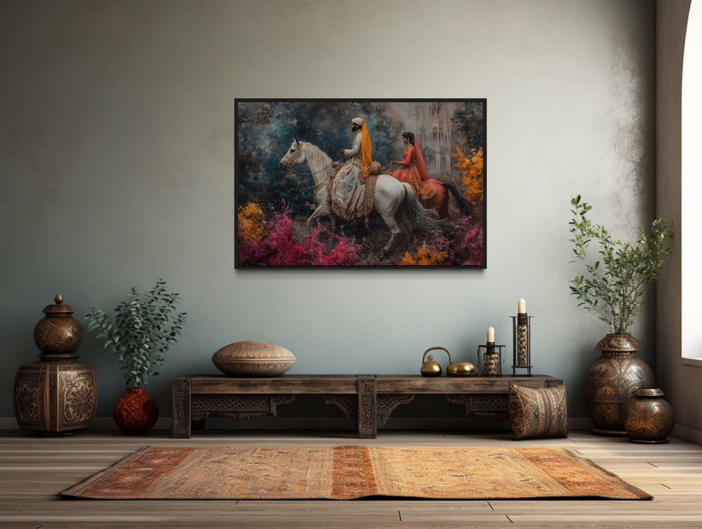 Persian Couple Horseback Ridings -  Middle Eastern Framed Canvas Wall Art