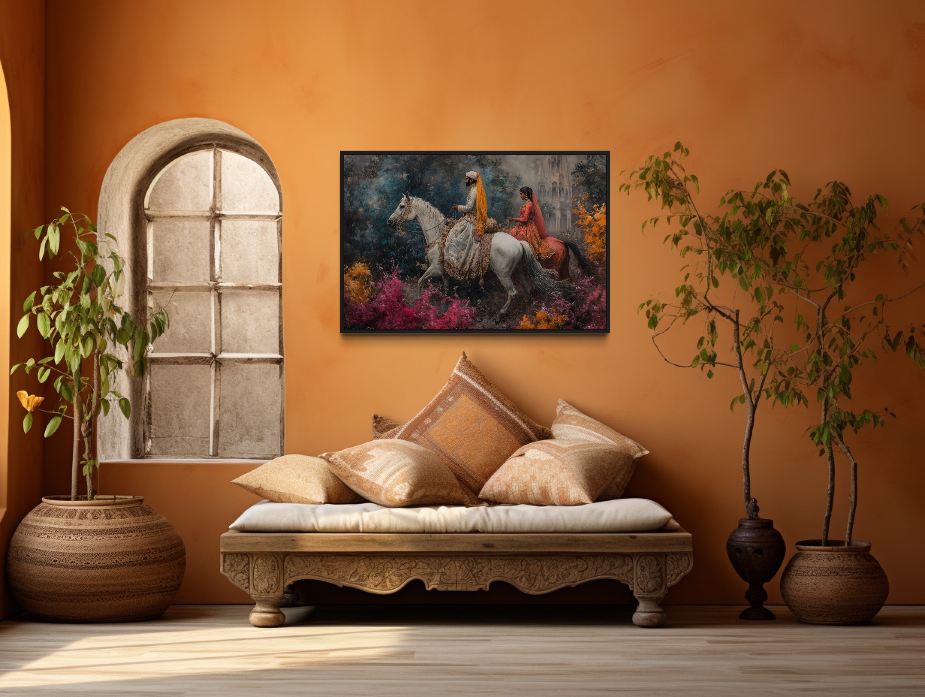 Persian Couple Horseback Ridings -  Middle Eastern Framed Canvas Wall Art