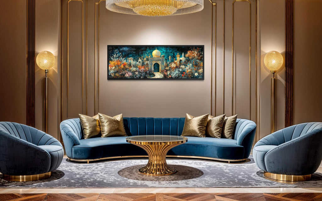 Persian Teal Gold Canvas – Panoramic Floral Palace Print | Middle Eastern Wall Art