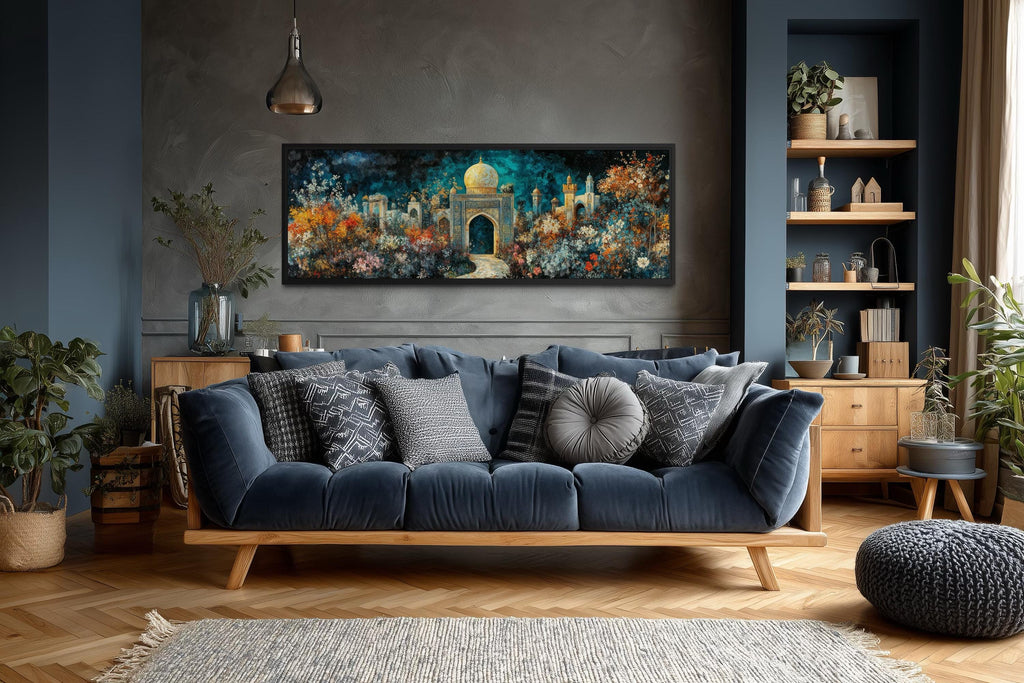 Persian Teal Gold Canvas – Panoramic Floral Palace Print | Middle Eastern Wall Art