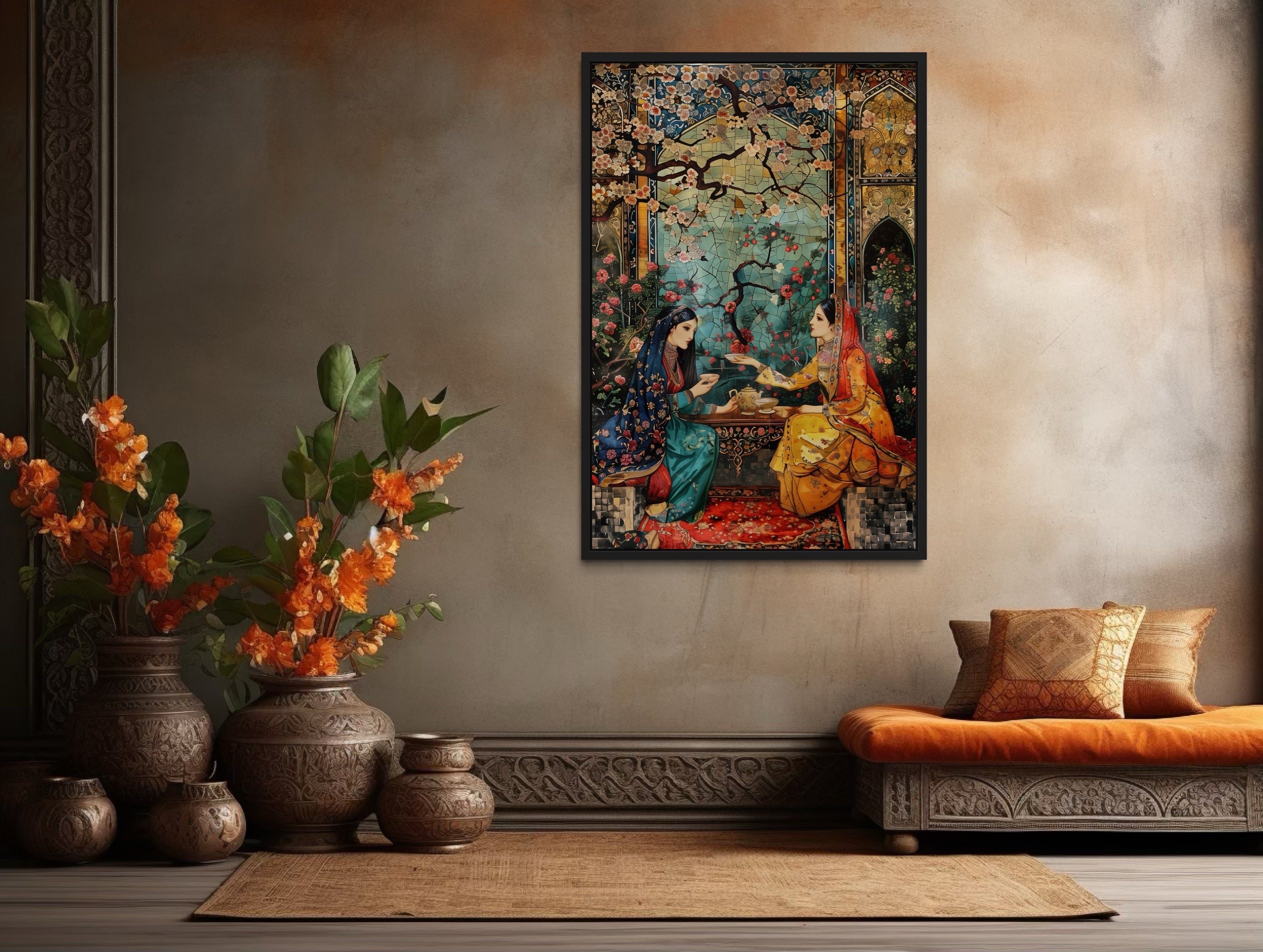 Persian Women Tea Ceremony Middle Eastern Framed Canvas Wall Art