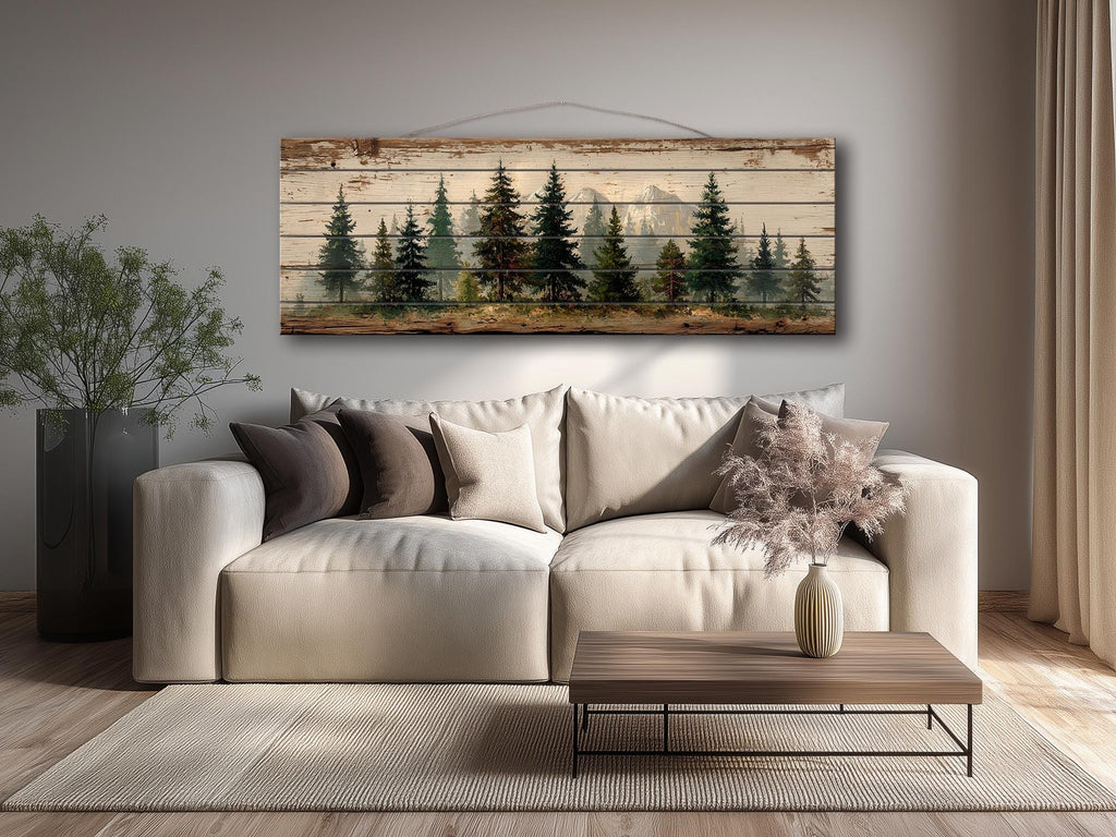Pine Forest Mountain Landscape Distressed Long Horizontal Rustic Wood Wall Art