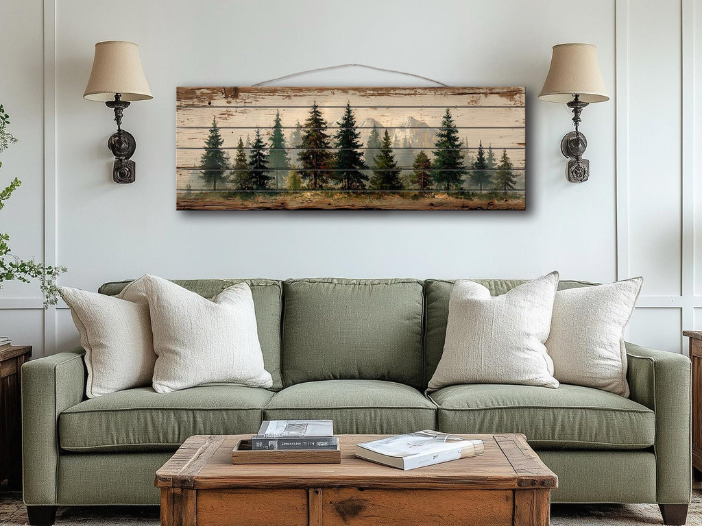 Pine Forest Mountain Landscape Distressed Long Horizontal Rustic Wood Wall Art