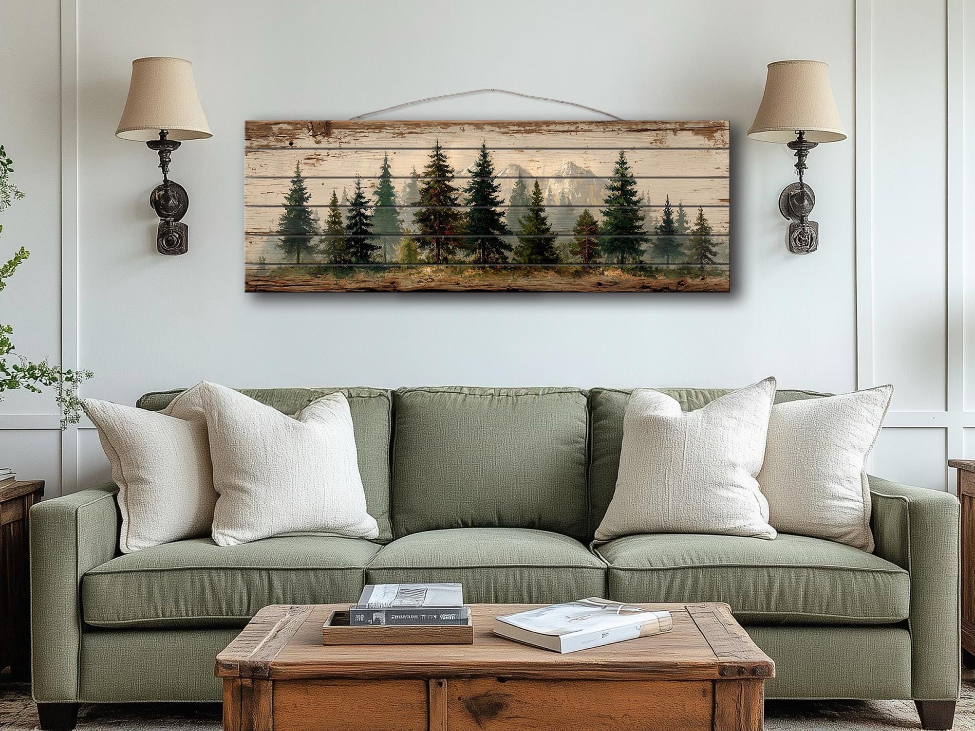 Pine Forest Mountain Landscape Distressed Long Horizontal Rustic Wood Wall Art