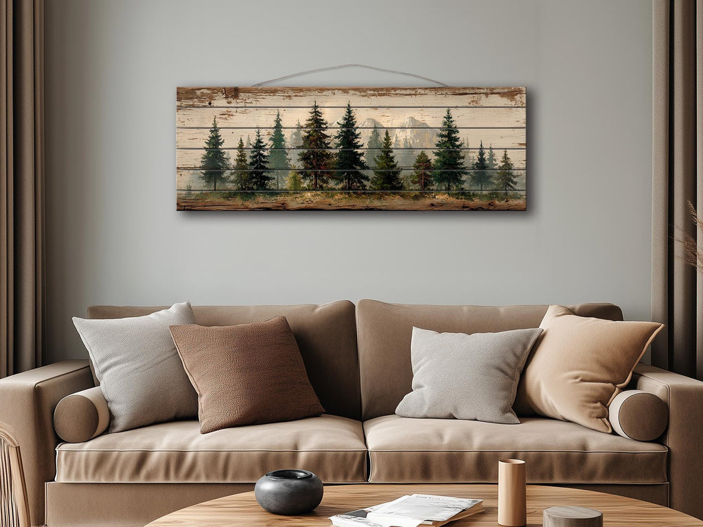 Pine Forest Mountain Landscape Distressed Long Horizontal Rustic Wood Wall Art
