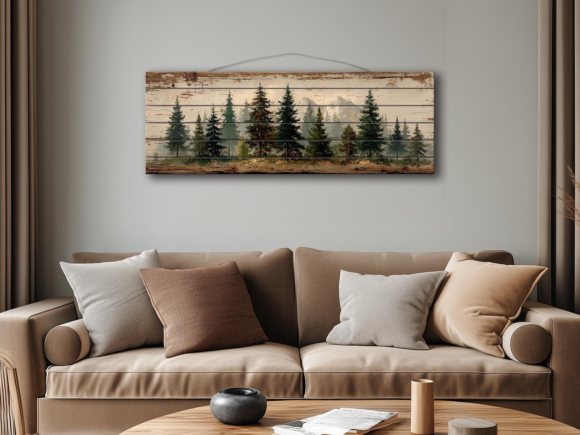 Pine Forest Mountain Landscape Distressed Long Horizontal Rustic Wood Wall Art