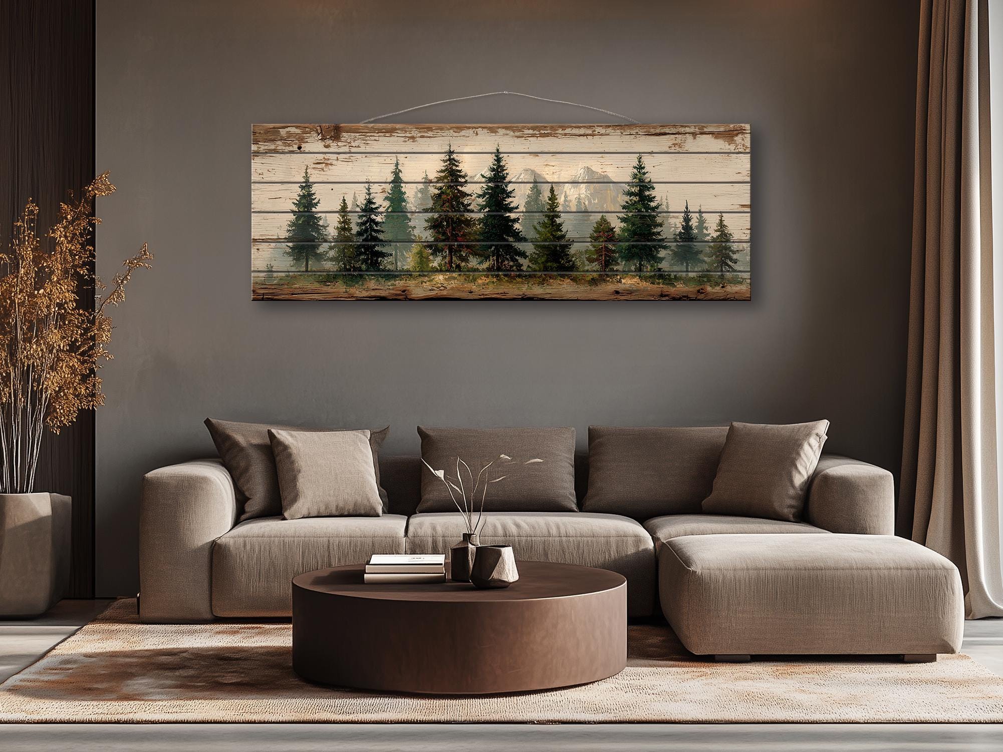 Pine Forest Mountain Landscape Distressed Long Horizontal Rustic Wood Wall Art
