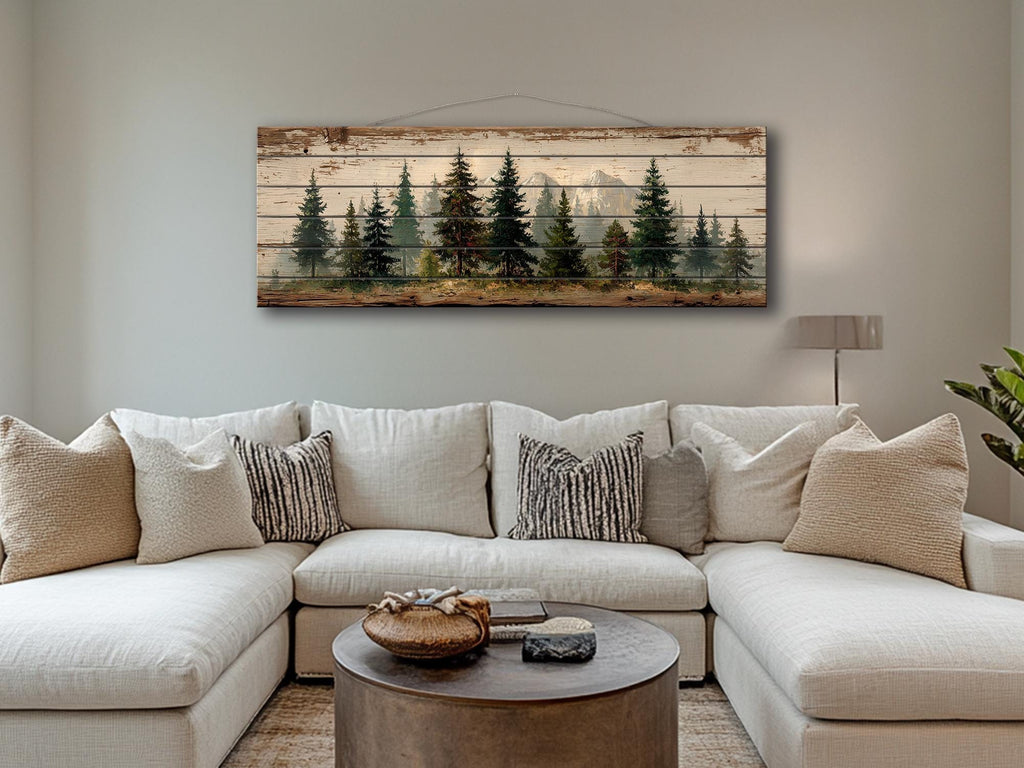 Pine Forest Mountain Landscape Distressed Long Horizontal Rustic Wood Wall Art