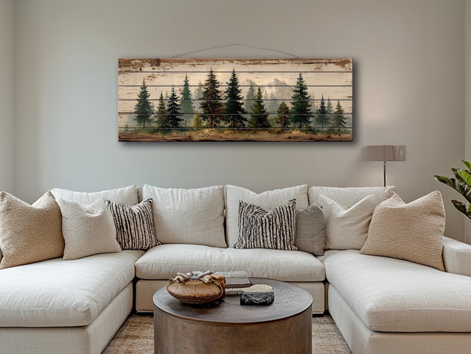 Pine Forest Mountain Landscape Distressed Long Horizontal Rustic Wood Wall Art