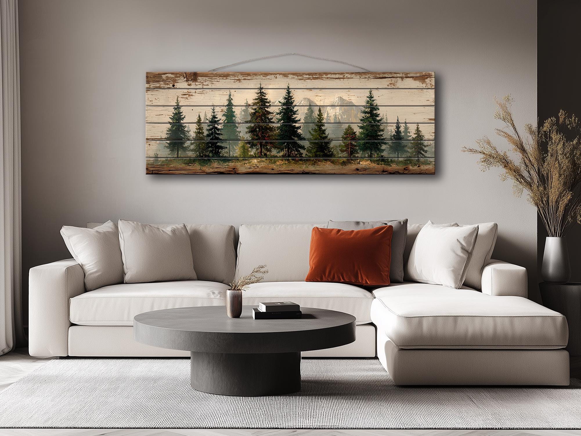 Pine Forest Mountain Landscape Distressed Long Horizontal Rustic Wood Wall Art