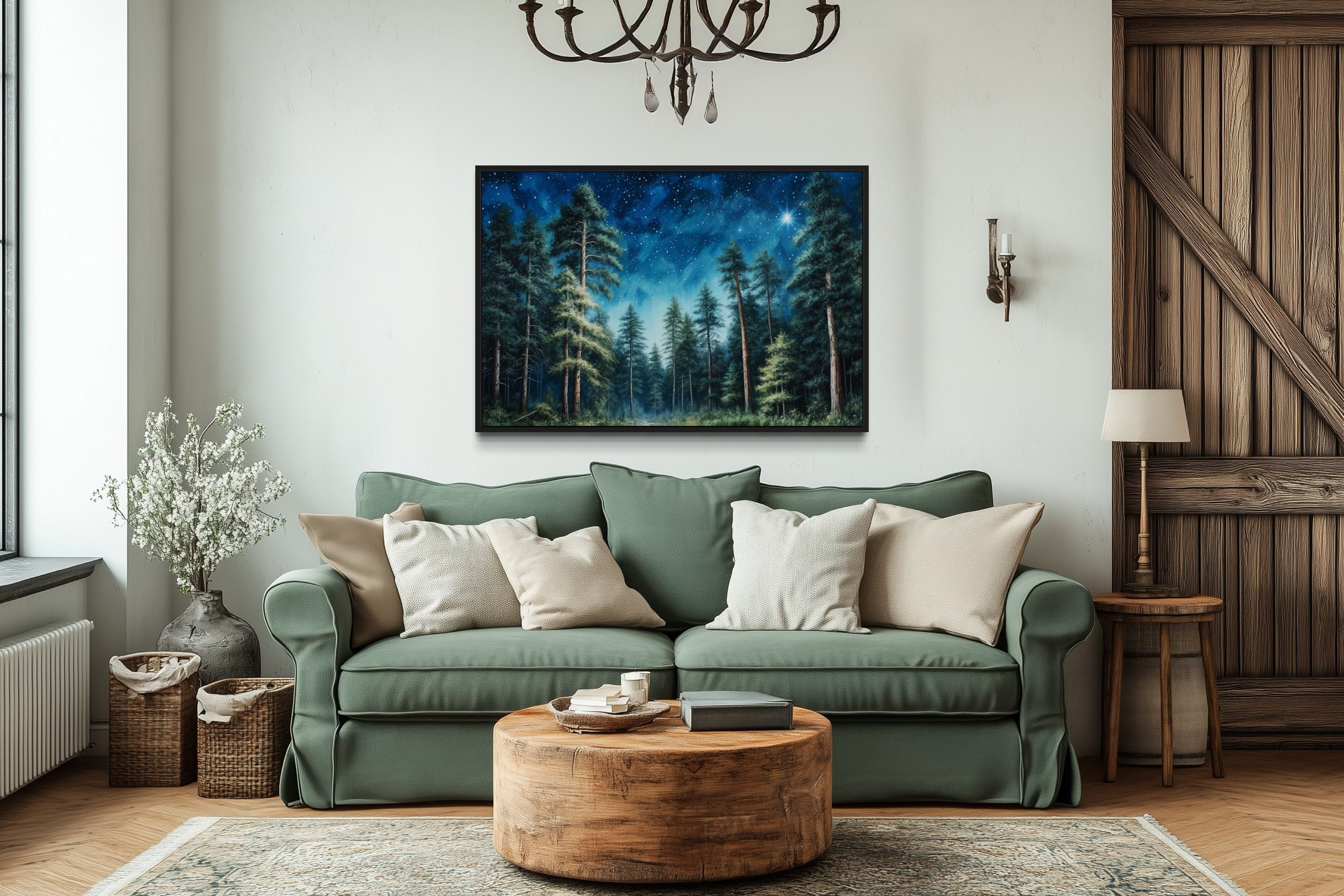Pine Tree Forest At Night Starry Sky Framed Canvas Wall Art
