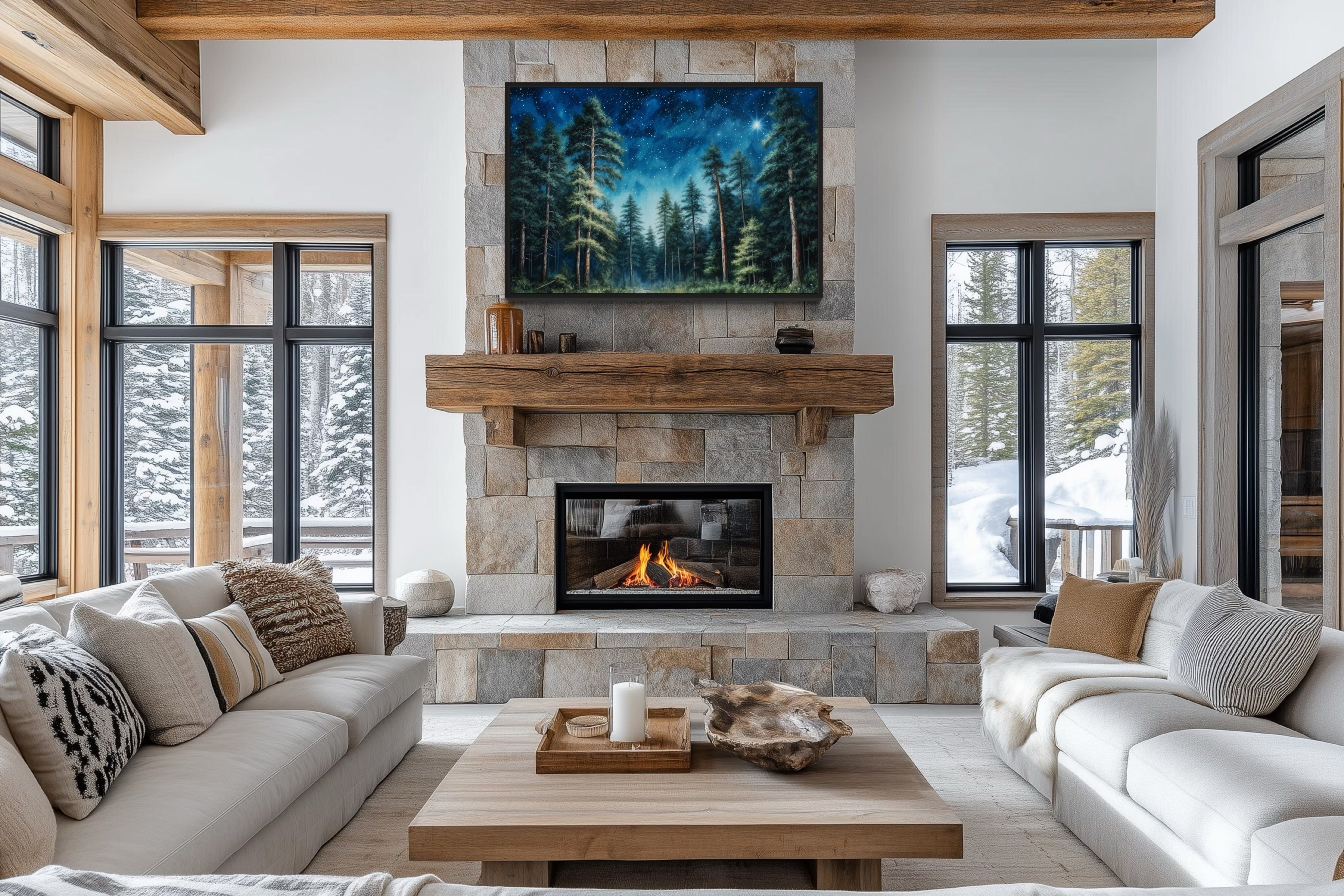 Pine Tree Forest At Night Starry Sky Framed Canvas Wall Art