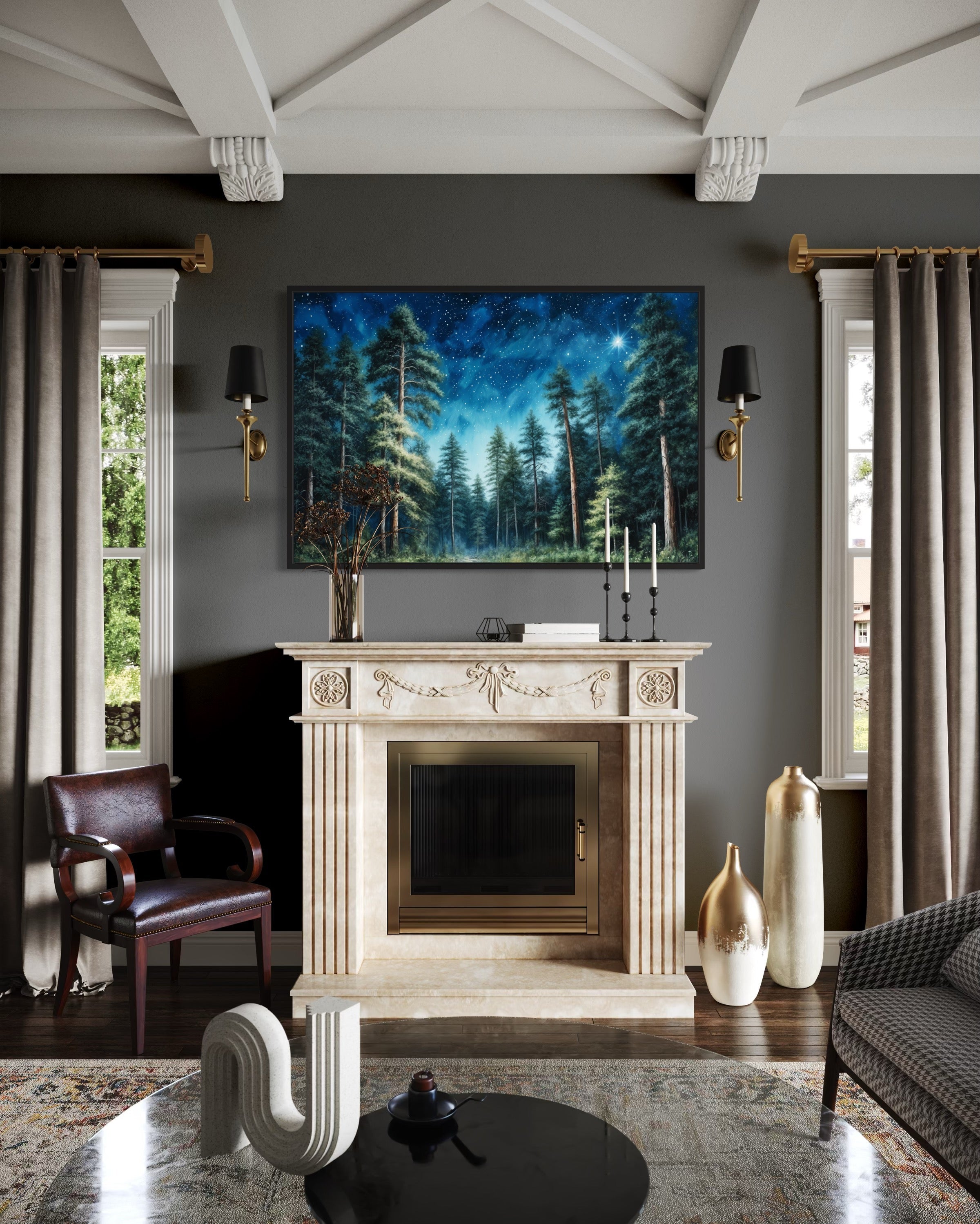 Pine Tree Forest At Night Starry Sky Framed Canvas Wall Art