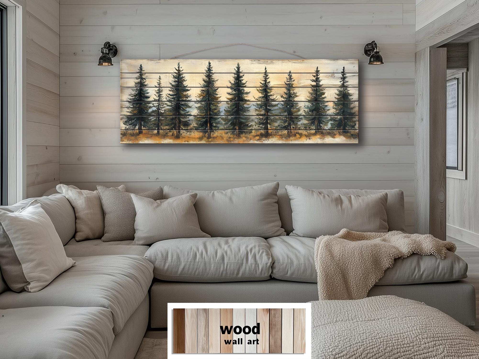 Pine Tree Forest Real Wood Long Horizontal Wall Art