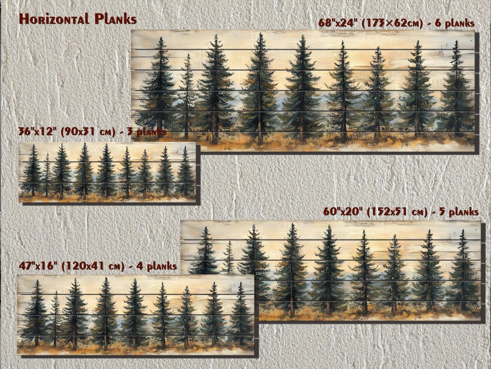 Pine Tree Forest Real Wood Long Horizontal Wall Art