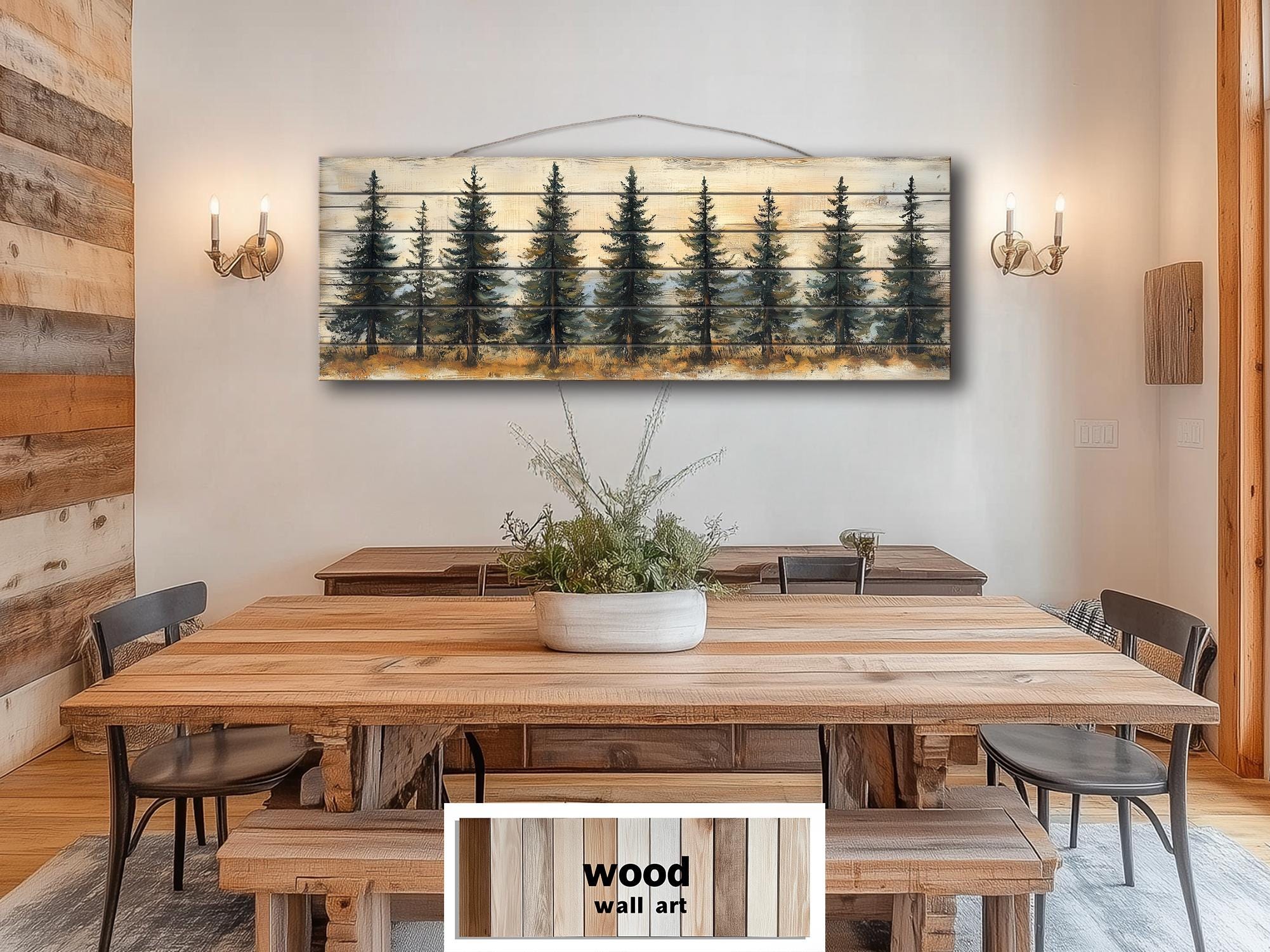 Pine Tree Forest Real Wood Long Horizontal Wall Art