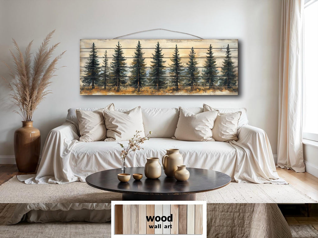 Pine Tree Forest Real Wood Long Horizontal Wall Art