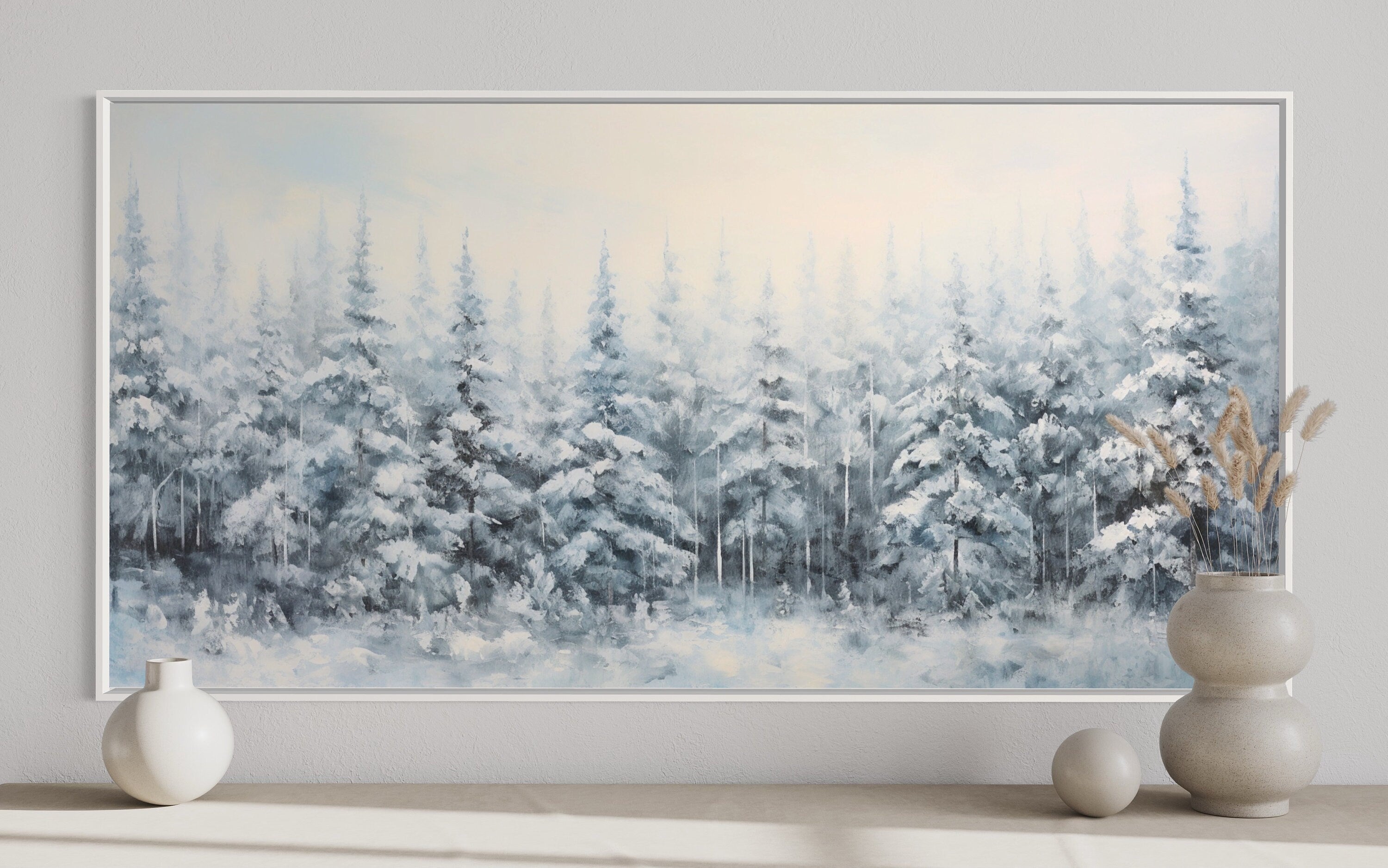 Pine Trees In Winter Snow Covered Forest Framed Canvas Wall Art