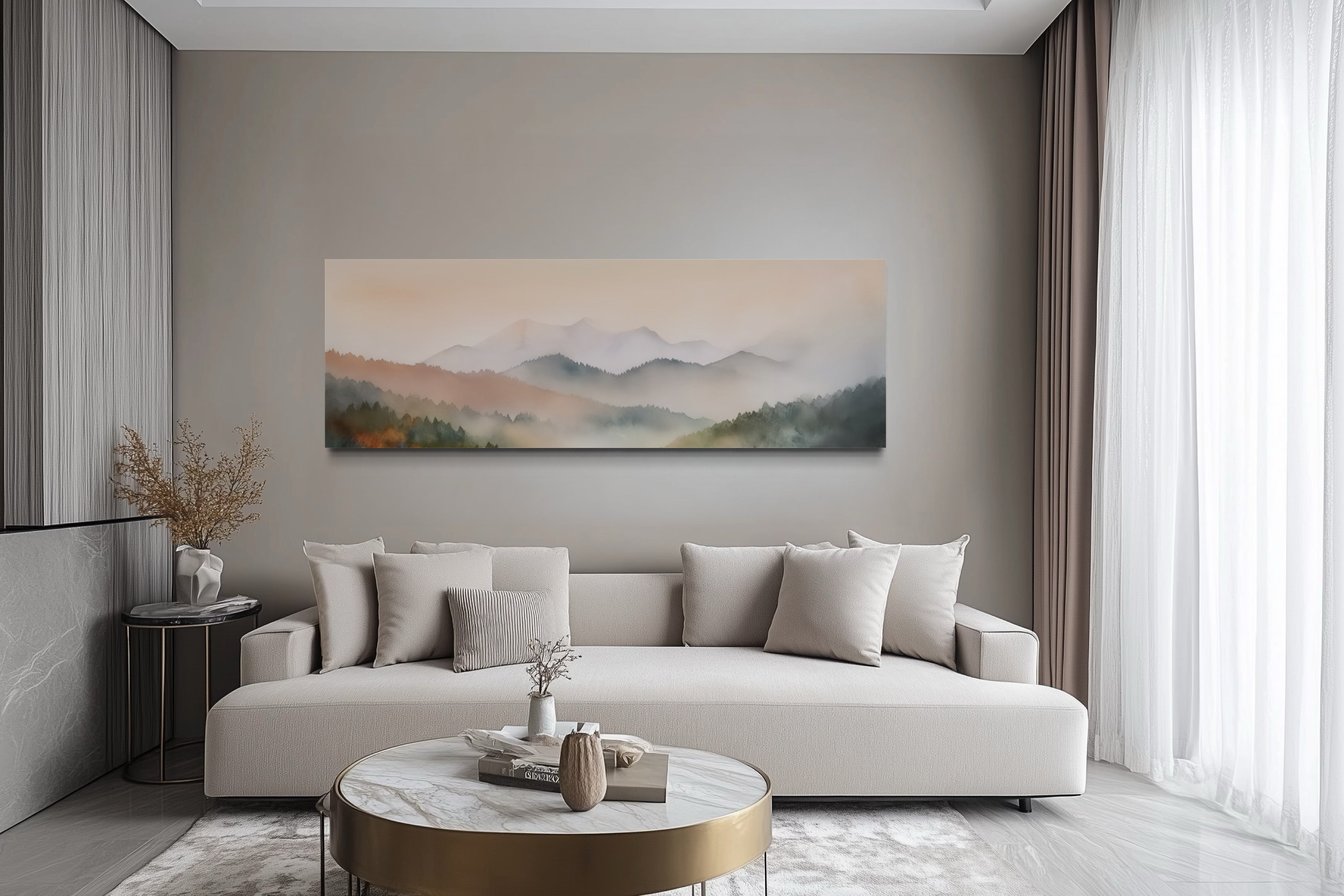 Pink And Green Pastel Mountain Landscape Above Bed Wall Art