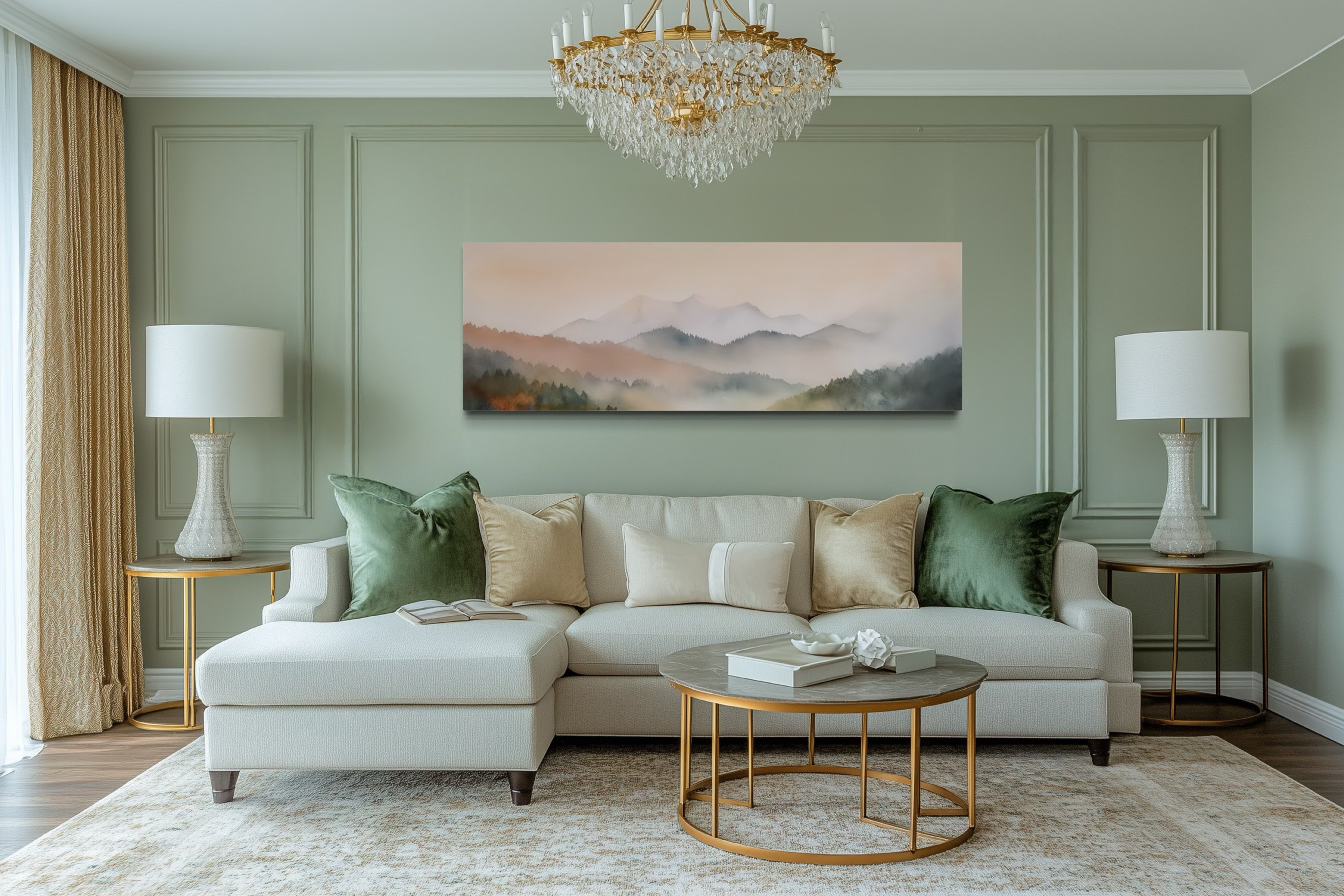 Pink And Green Pastel Mountain Landscape Above Bed Wall Art