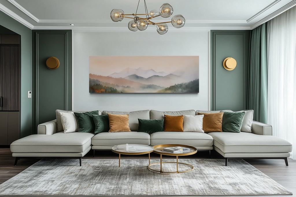 Pink And Green Pastel Mountain Landscape Above Bed Wall Art