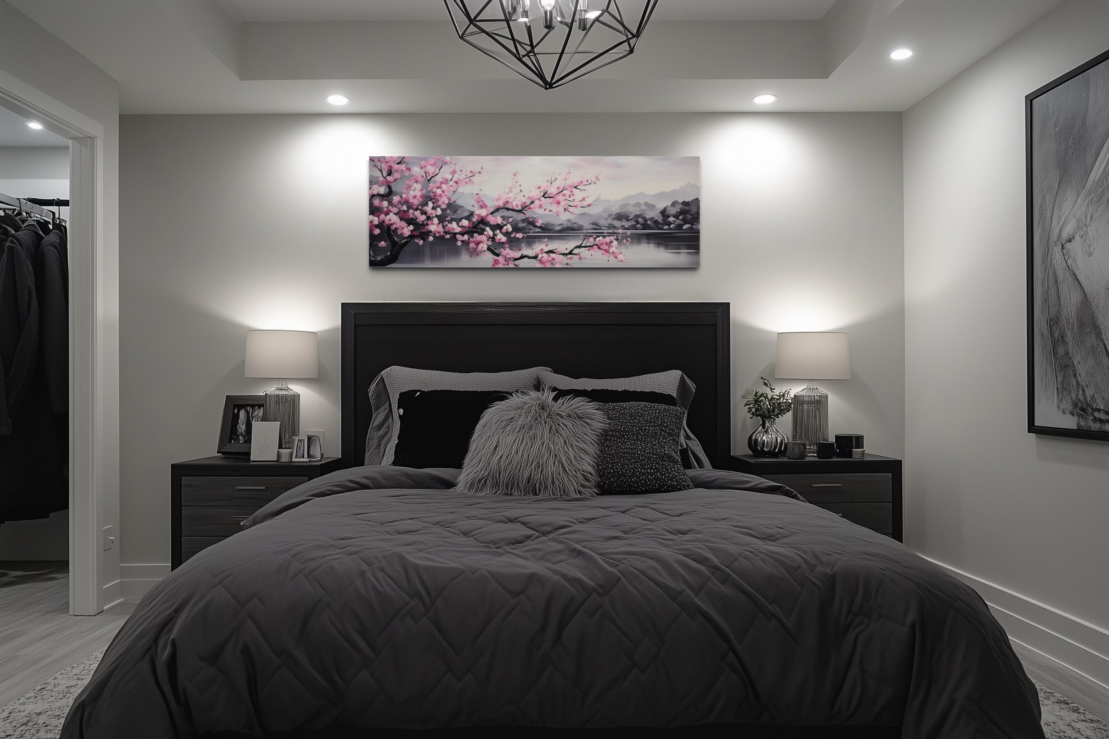 Pink Cherry Blossom On Japanese Landscape Long Horizontal Wall Art
