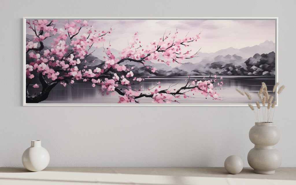 Pink Cherry Blossom On Japanese Landscape Long Horizontal Wall Art