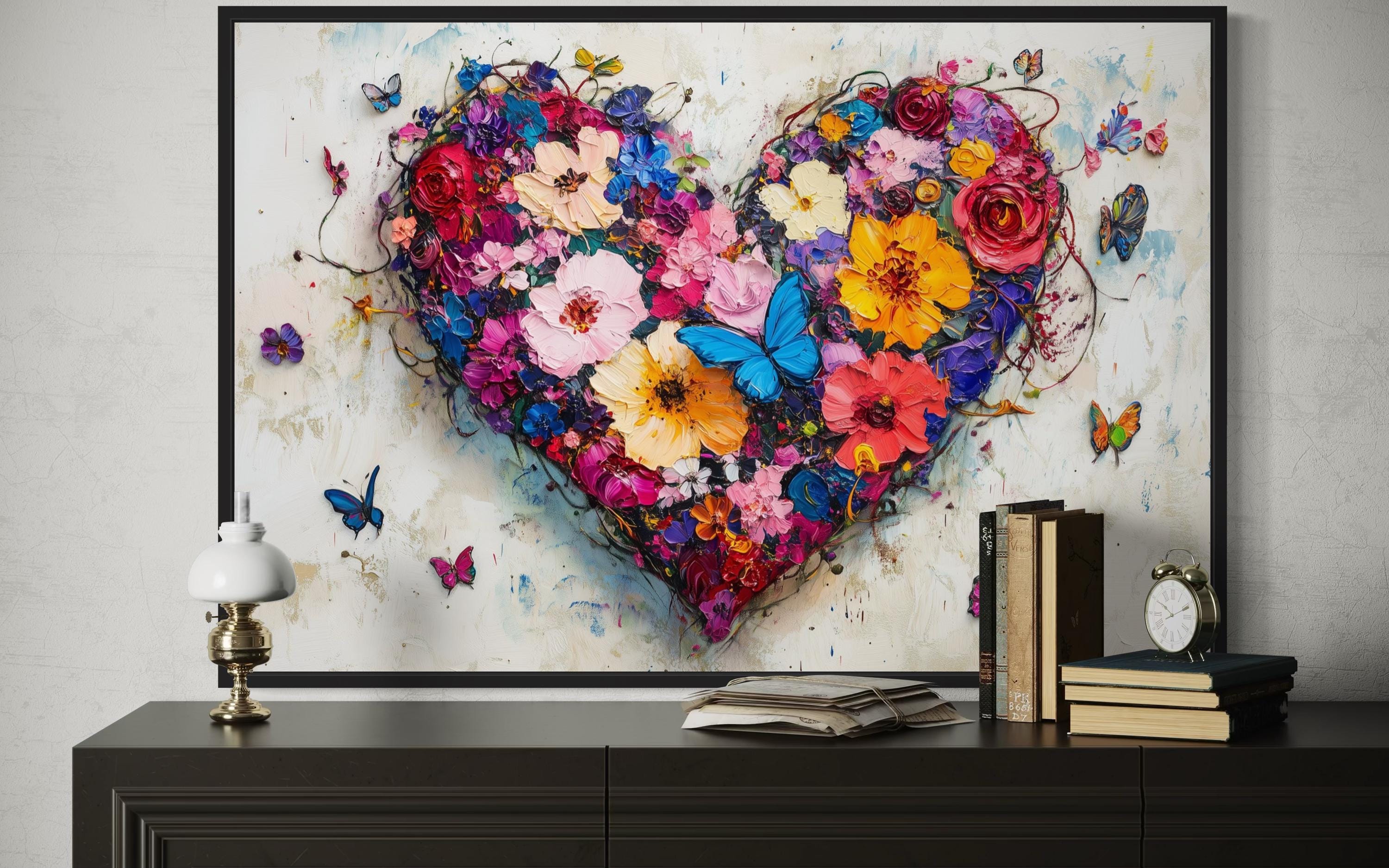 Pink Floral Heart With Butterflies Wall Art - Colorful Romantic Graffiti Canvas Print For Living Room Or Bedroom