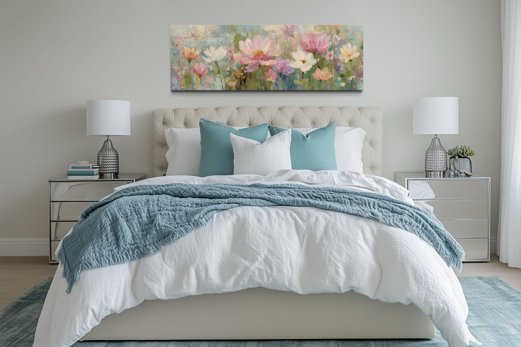 Pink Green Long Horizontal Botanical Floral Wall Art