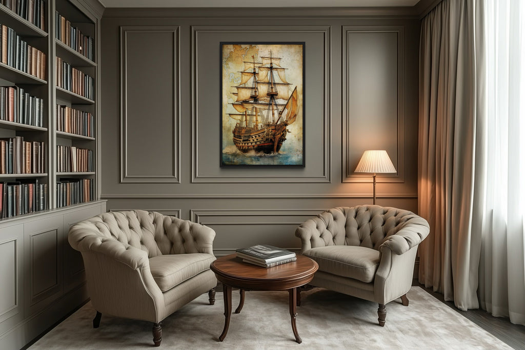 Pirate Ship On Antique Treasure Map Nautical Framed Canvas Wall Art