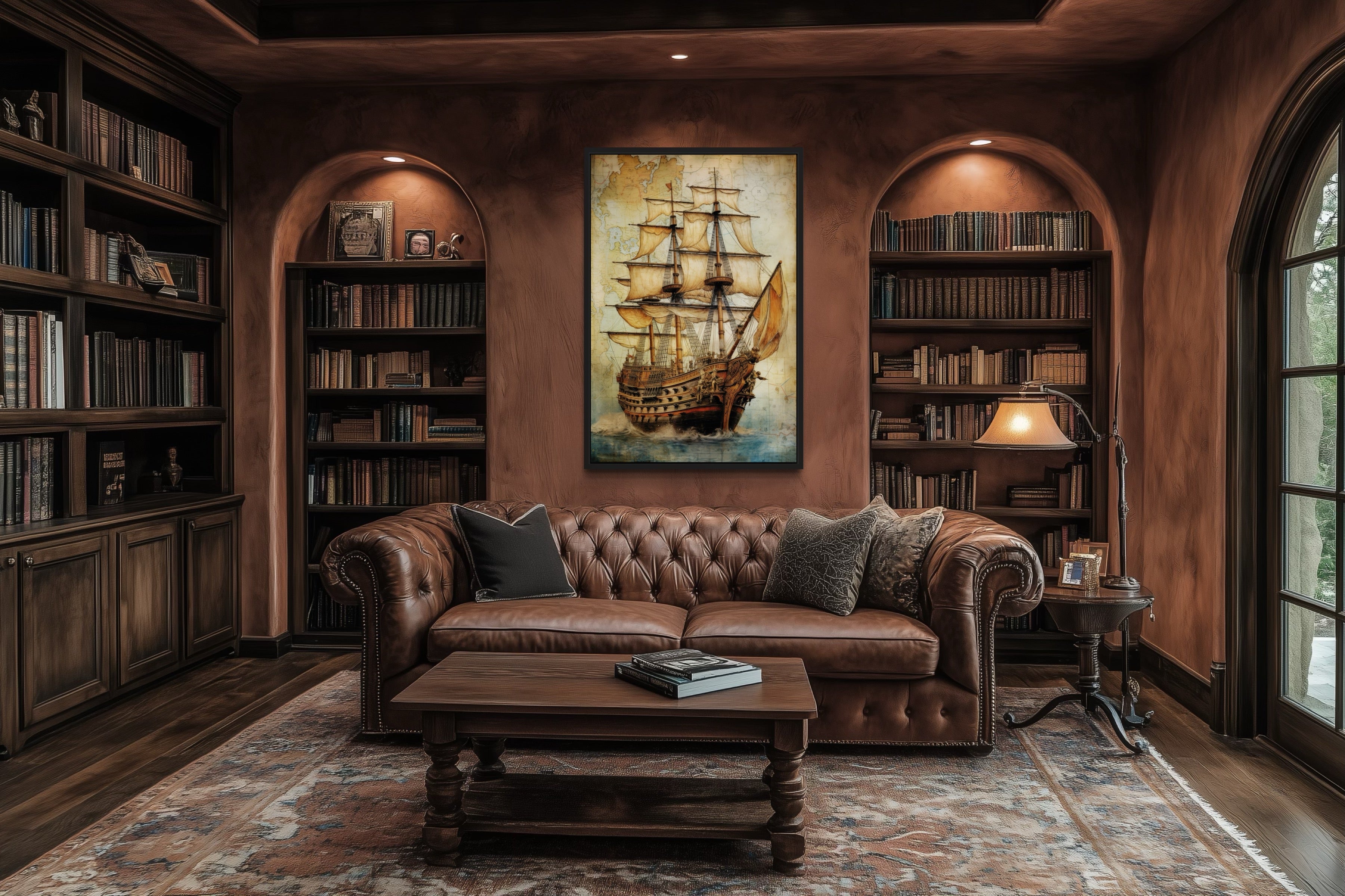 Pirate Ship On Antique Treasure Map Nautical Framed Canvas Wall Art