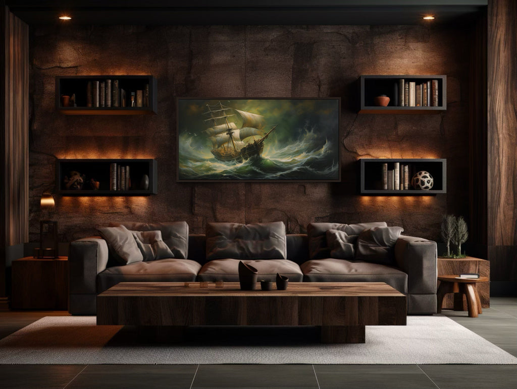 Pirate Ship Wall Art – Nautical Canvas Print | Stormy Sea Painting Decor