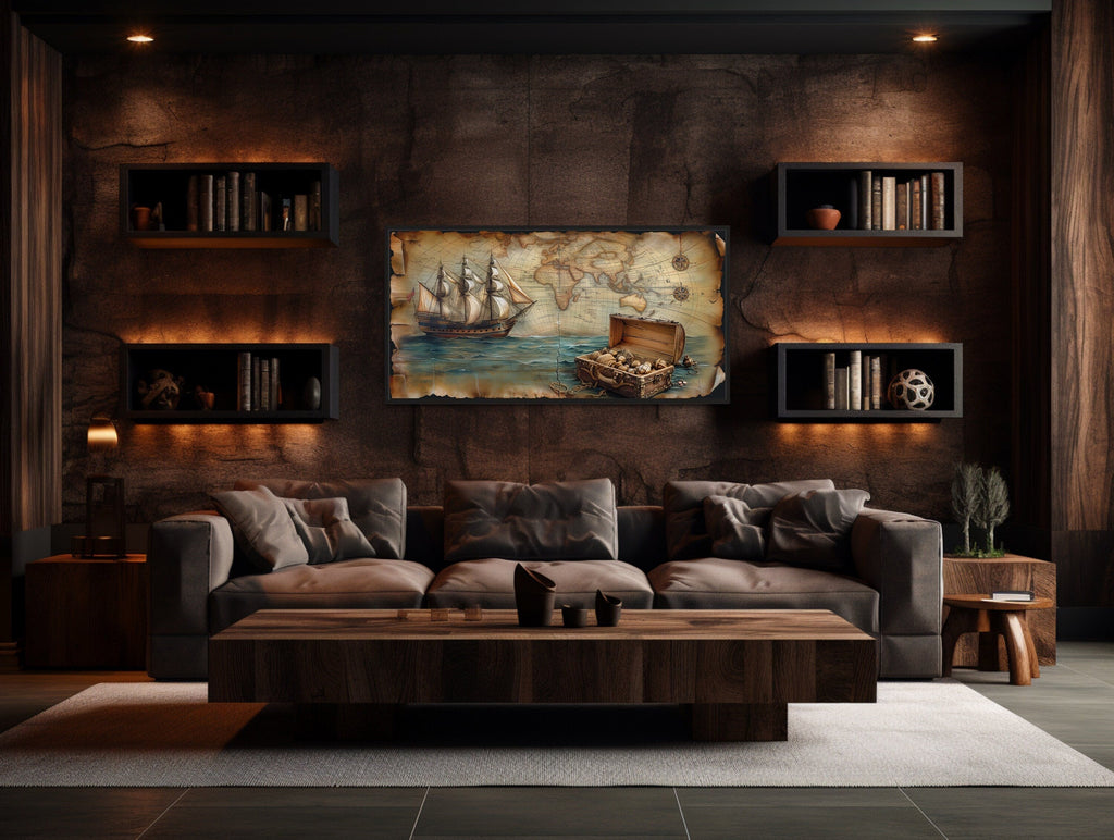 Pirate Ship Wall Art – Nautical Framed Canvas With Vintage Map & Treasure Chest